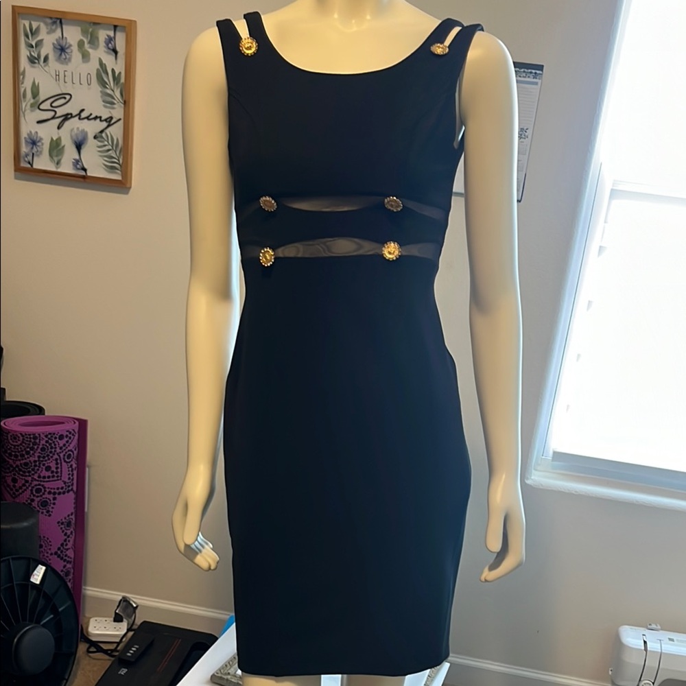 Betsy & Adam Elegant Little Black Dress with Gold Accents